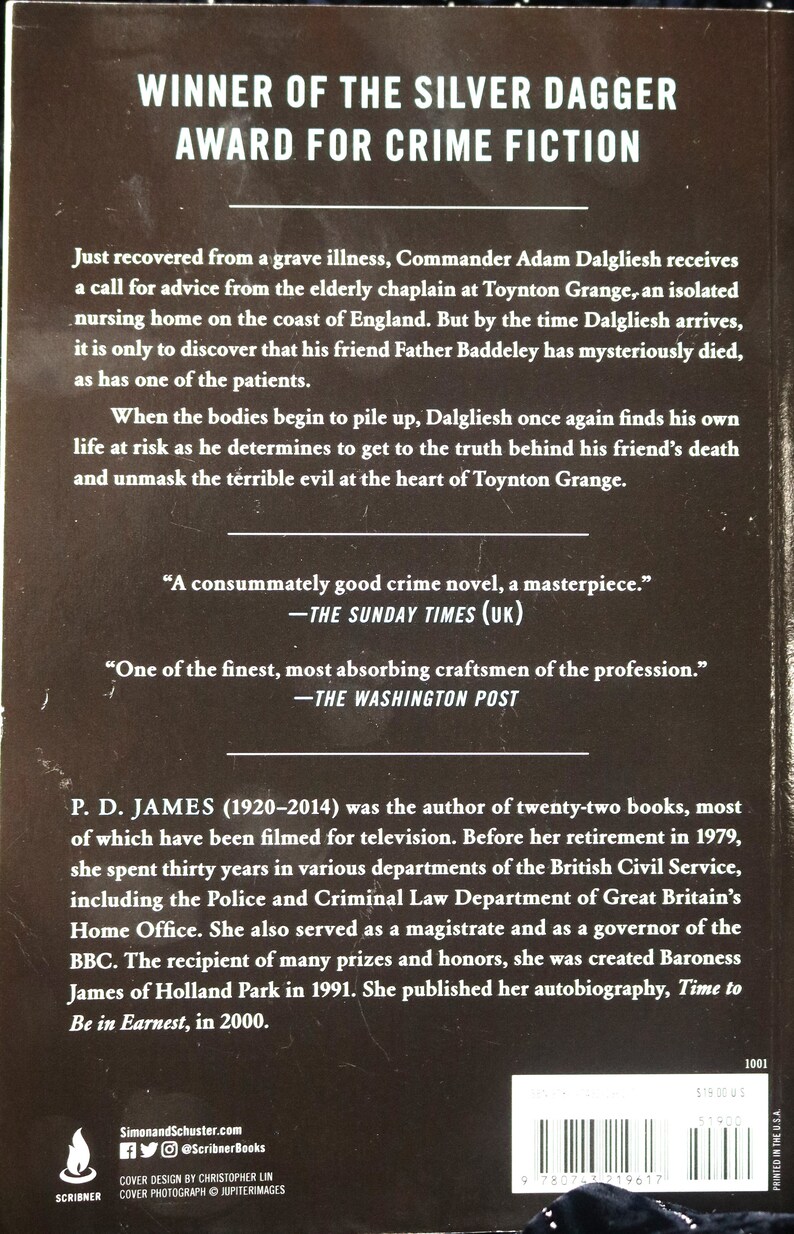 May include: Book cover for a crime novel titled "Winner of the Silver Dagger Award for Crime Fiction". The cover features a dark background with white text. The book is by P.D. James, author of twenty-two books, most of which have been filmed for television.