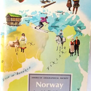 May include: Vintage map of Norway with illustrations of Viking ship, skiers, traditional clothing, and a log driver. The map includes the text "Norway Around the World Program" by the American Geographical Society.