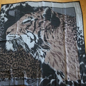 Vintage Large Tiger Scarf/  Gray, Black, Brown, Tans/Polyester