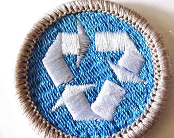 Vintage, Boy Scouts, BSA Environmental Science, Merit Badge, Recycling, Recycle Patch Embroidered, Silver Border