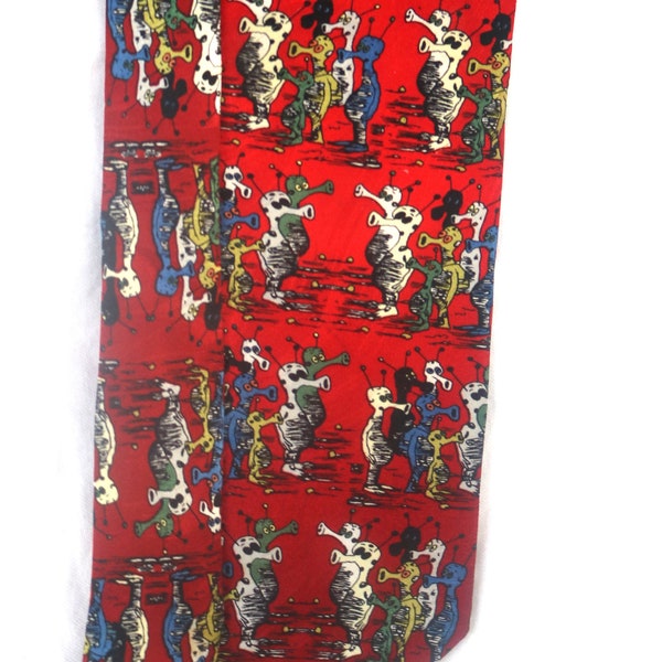 Museum Artifacts, Handmade Silk Neck Tie, Greetings by SNI,  Bright Red with Trumpet face Space Aliens, Humor, Fuy,