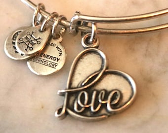 Alex and Ani, Love Charm Bangle Bracelet,  Rafaelien Silver Tone, LOVE
