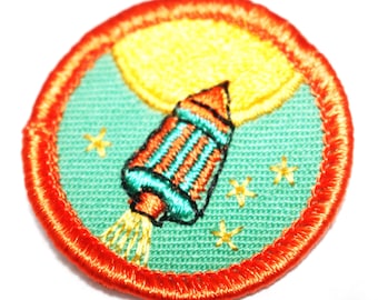 Vintage, Girl Scout Badge, Aerospace, Green Material, Orange Border, embroidered, Retired, 1980's Patch