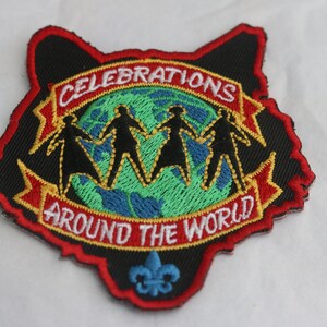 Boy Scout Patch, BSA, Cub Scouts, Celebration Around the World, Badge, Collectible, Accessory, Embroidered, Wolf, Red Border