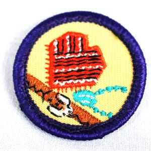 May include: A vintage Boy Scouts of America merit badge featuring a red and white woven basket, a brown stick with a white bird, and a turquoise beaded necklace on a yellow background with a purple border.