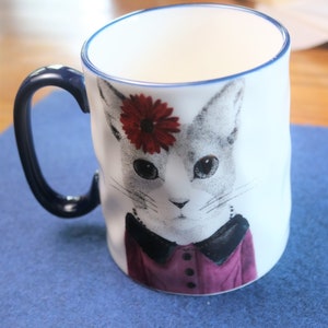 Cat wearing a Cardigan/ Flower in Hair/ Animal Mug/ Coffee Cup /Hipster/Signature