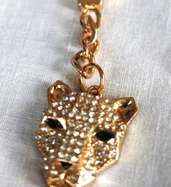 EFFY Silver Tone Panther Head, Rhinestones, Black Eyes, Keychain