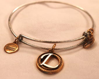 Alex and Ani, Initial L Charm, Two Tone Bangle Bracelet, Rafaelian Gold tone and Silver Tone, Adjustable