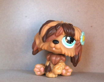 Littlest Pet Shop, LPS, #1077 Sheepdog Brown, Blue Dot Eyes, Flower in Ear