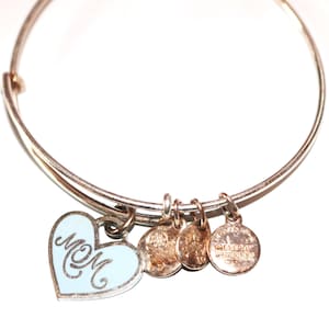 Alex and Ani, Light Blue MOM Heart Charm, Shiny Silver Tone, Bracelet, Bangle, Adjustable