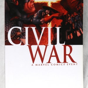 May include: A comic book cover with a red and white background. The title "CIVIL WAR" is in large red letters. The cover features Captain America and Spider-Man in a battle pose. The text "A MARVEL COMICS EVENT" is below the title. The cover also features the text "MILLAR * MCNIVEN * VINES * HOLLOWELL".