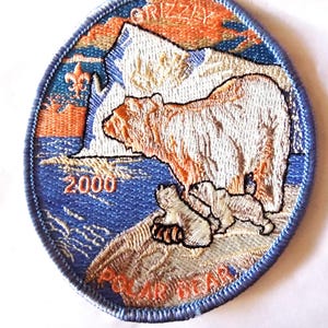 May include: Embroidered patch featuring a polar bear family with a mountain backdrop. The patch has a blue border and includes the text "GRIZZLY" and "POLAR BEAR" with the year "2000". The bear is white and brown.
