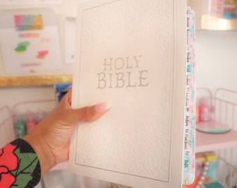 Beautiful White KJV Holy Bible with Pastel Floral Bible Tabs, Thinline Large Print Bible Tabs Faux Leather