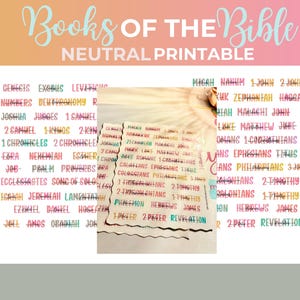 May include: A neutral printable featuring the words "Books of the Bible" in a light blue script. The image displays a list of Bible books in various colors, including Genesis, Exodus, and Revelation, against a white background.