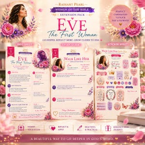 Puede incluir: Un paquete de extensión "EVE The First Woman" con guías de estudio y hojas de pegatinas. El diseño presenta acentos florales, retratos de una mujer y el texto "Women of the Bible". La combinación de colores incluye rosa, morado y blanco.