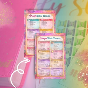 May include: Two colourful Prayer Bible Themes cards with floral borders and text. The cards list Bible verses under themes like Peace, Anxiety, and Healing. The background is a soft pink with a pink Bible and decorative elements.
