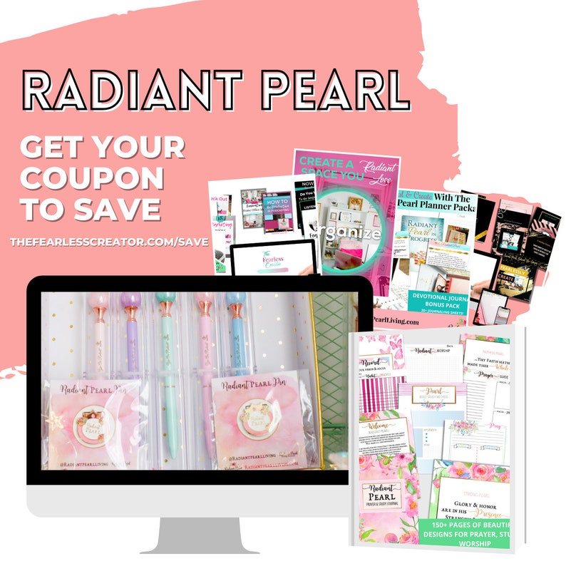 May include: A computer screen displaying a set of pink and blue pens and a pink and white notepad with the text "Radiant Pearl" on it. The screen is surrounded by various printable planner pages, including a devotional journal, a planner pack, and a "Radiant Pearl" progress tracker. The text "Radiant Pearl" is also visible in the top left corner of the image.