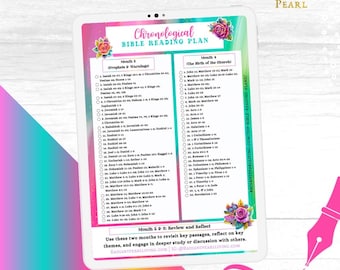 May include: A digital tablet displays a colorful Bible reading plan. The plan is titled "Chronological Bible Reading Plan" and includes lists of Bible verses for each month. The tablet is decorated with floral accents and the Radiant Pearl logo.