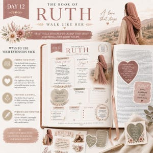 May include: An open book titled "The Book of Ruth" with the text "Walk Like Her." The image features stickers, a pen, and a woman in a head covering. The book includes a study guide and journaling space.