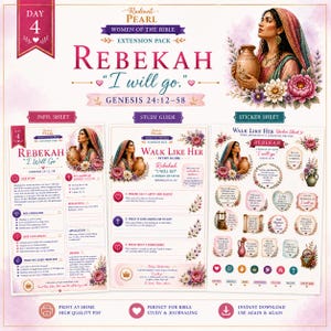 Könnte beinhalten: Digitaler Download mit einem Studienführer und einem Stickerbogen für das Bibeljournaling. Das Thema ist Rebekah, mit dem Text "Ich werde gehen." Enthält Blumen- und Aquarellillustrationen und den Text "Genesis 24:12-58."