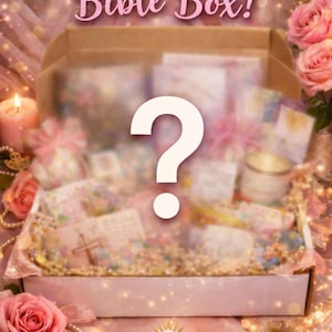 May include: A loaded mystery Bible box with a large white question mark. The box is filled with various items, including a candle, cards, and a cross. The box is surrounded by pink roses and pearls. The text "Loaded Mystery Bible Box!" is at the top.