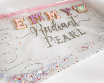 Personalized Sparkle XL Clear Toiletry Bag, Travel Makeup Cosmetic Bag, Snacks, Custom Gift, Sunscreen, SPF, hair, bridesmaid gift - Pouch