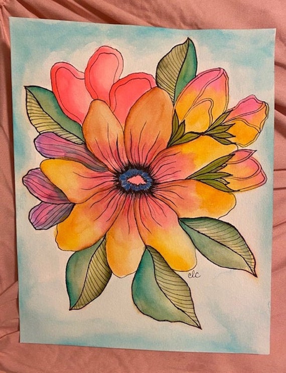 Floral Watercolor Bright Colored Flowers Springtime Art Etsy