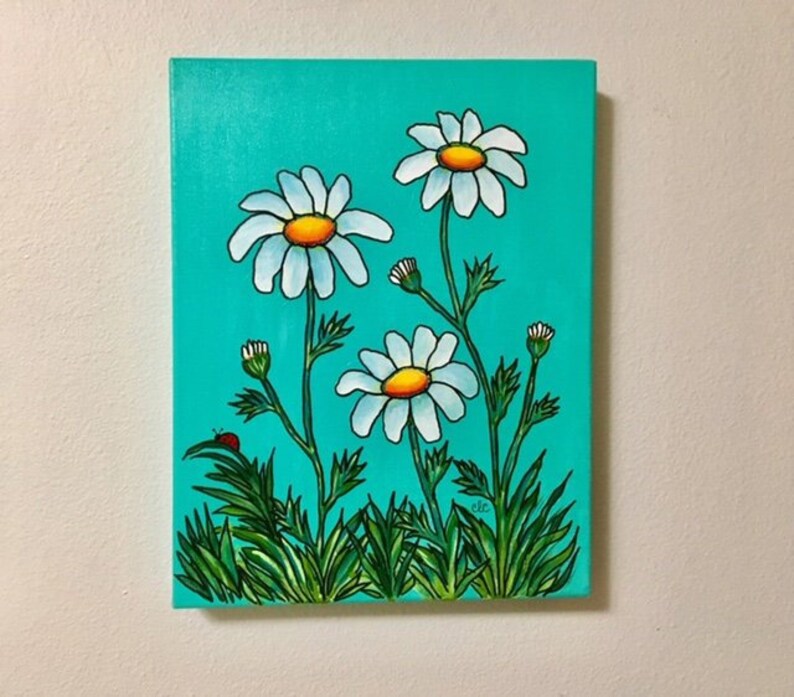 Daisy Painting Fl Wall Art Decor Gift Ladybug Spring Girls Bedroom Flowers