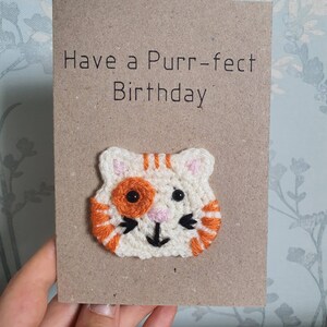 Carte d'anniversaire au crochet, ronronnement parfait, carte de chat fantaisie