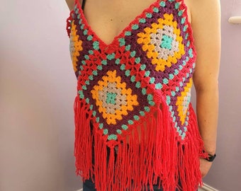 Crochet granny square top with fringe,