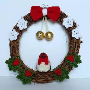 Crochet Christmas wreath, robin, holly and snowflake front door grapevine wreath