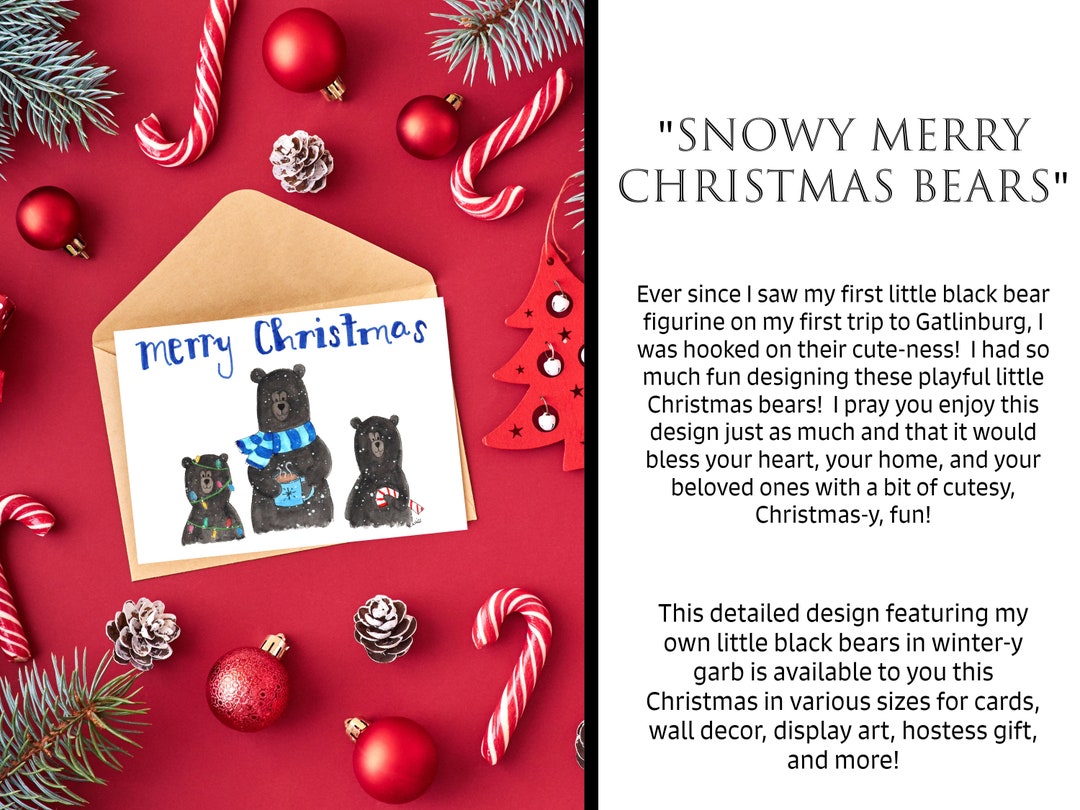 Digital Printable Black Bears Christmas Cards and Wall Art, Instant
