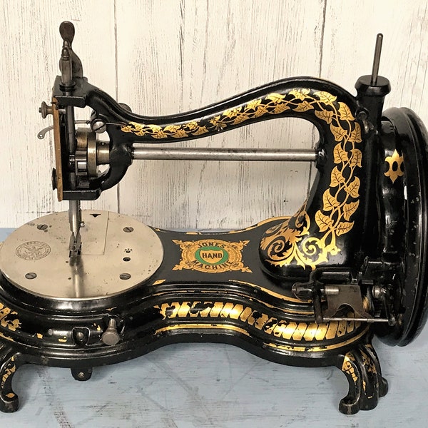 Antique Jones swan neck/cat back hand crank lock stitch sewing machine