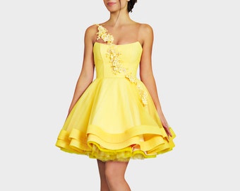 Yellow short dress, Prom dance dress, Beaded chiffon dress, Elegant  cocktail dress, Fit and flare dress, Bridesmaid dress Yellow blush dress