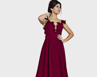 Mère de la robe rouge foncé de mariée, robe de demoiselle d'honneur robe de bal de Chiffon, robe simple de couture, robe romantique formelle, robe de retour