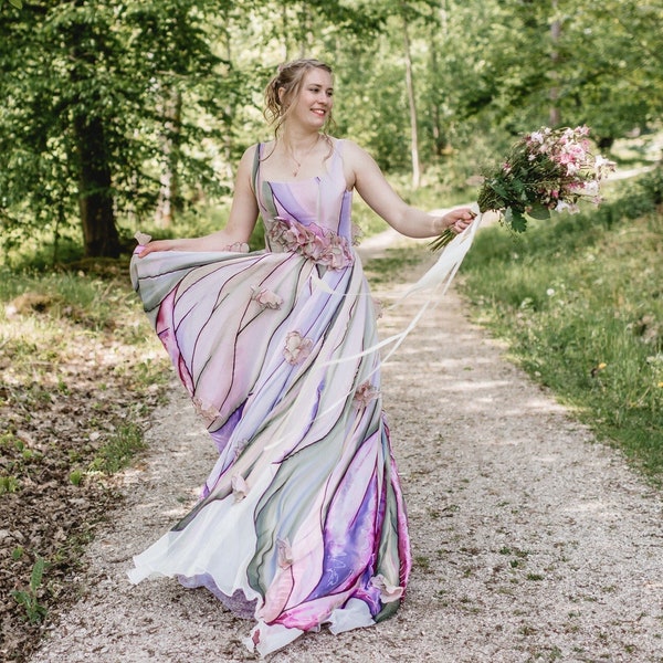 Langes Kleid für die Brautmutter, Handgemaltes Seidenkleid, Hochzeitsgast Kleid, Langes Abendkleid, Florales Maxikleid Frauen, Festliches Kleid