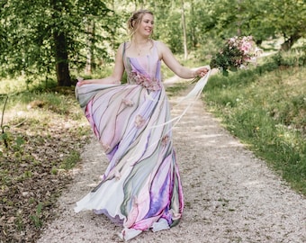 Long Mother of the bride dress, Hand painted silk dress, Wedding guest dress, Long evening gown, Floral maxi dress women, Formal dress