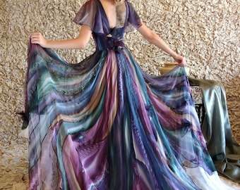 Hand painted silk dress, Long Mother of the bride dress, Wedding guest dress, Long evening gown, Floral maxi dress women,