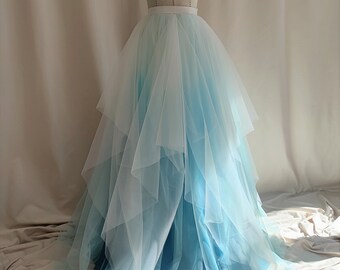 Hand painted ombre wedding skirt.Water blue/Dark cyan ombre skirt.Colorful chiffon wedding skirt.Beach wedding skirt.Color of your choice.