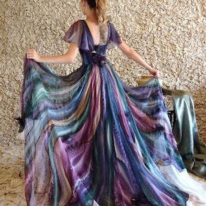 Hand painted silk dress, Long Mother of the bride dress, Wedding guest dress, Long evening gown, Floral maxi dress women,