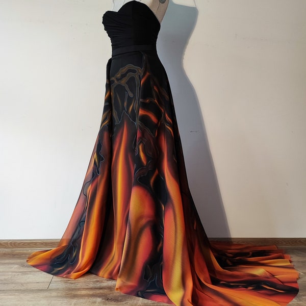 NEW!!! "Lava" wedding dress. Hand painted Fire ombre wedding dress. Volcano аlternative black wedding dress. Long Mother of the bride dress.