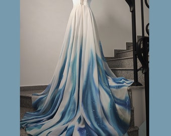 Hand painted chiffon wedding dress. Hand painted ombre wedding dress. Hand painted chiffon bridal gown. Beach wedding dress