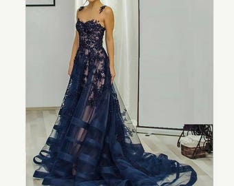 Blue mother of the bride dress, Sexy evening dress, Long formal dress, Blue evening gown, Cocktail dress with train, Blue formal gown