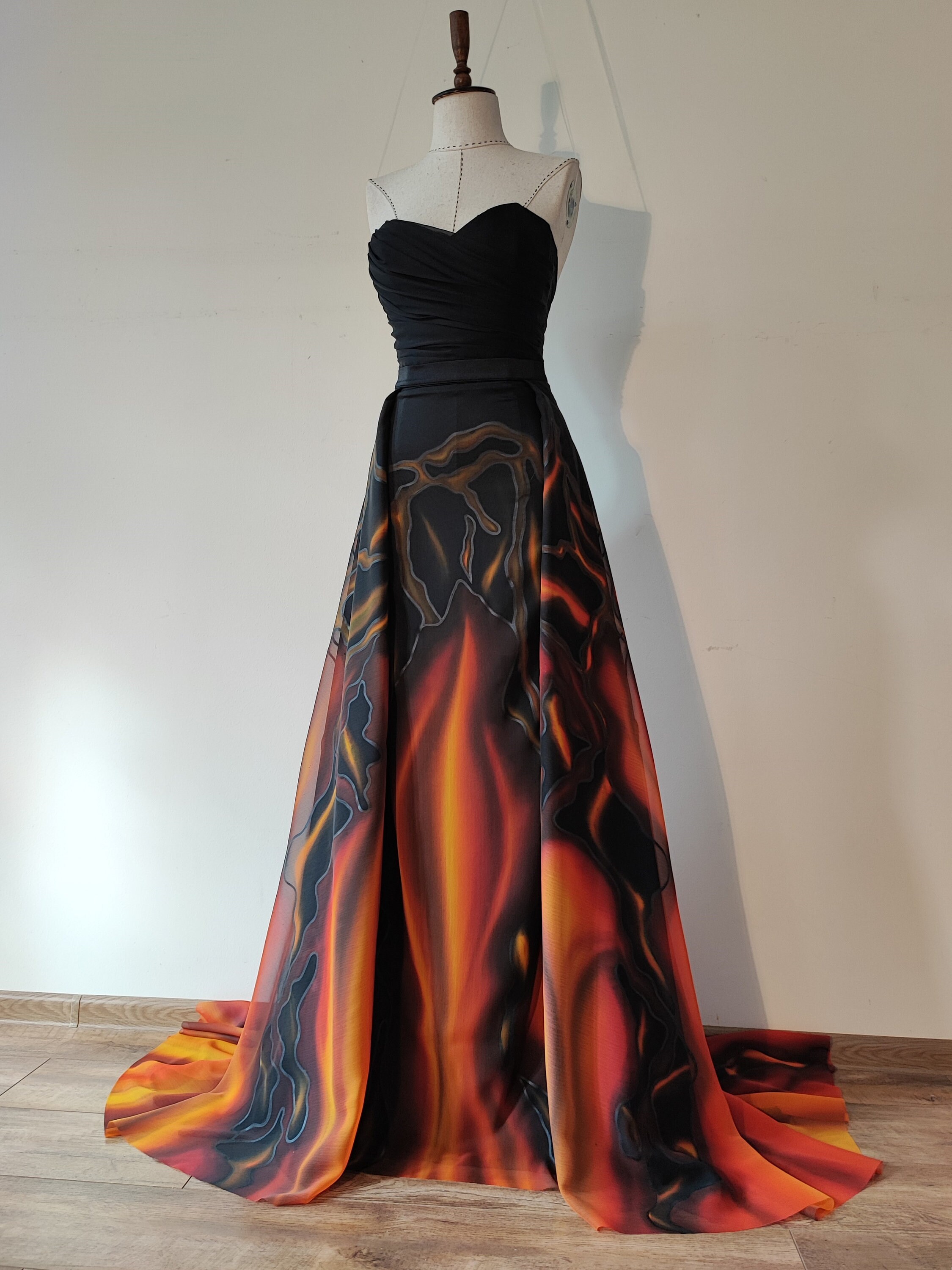 Lava wedding dress. Hand painted Fire ombre wedding dress. Volcano lternative Black wedding dress. Long Mother of the bride dress.
