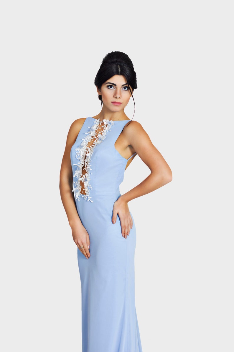deep blue trumpet cut gown
