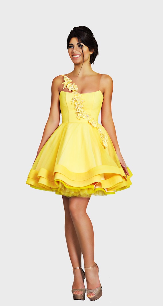 yellow short dress prom