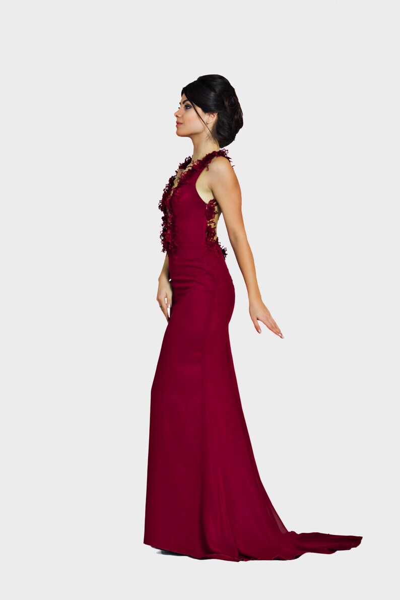 Mother of the bride dress, Long formal dress, Red bridesmaid dress, Backless dress, Burgundy prom dress, Sleeveless romantic chiffon dress image 2