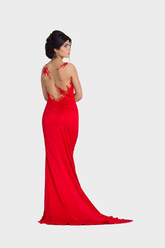 Red Lace Uniqe Design Open Back Elegant Formal Mermaid Long Prom