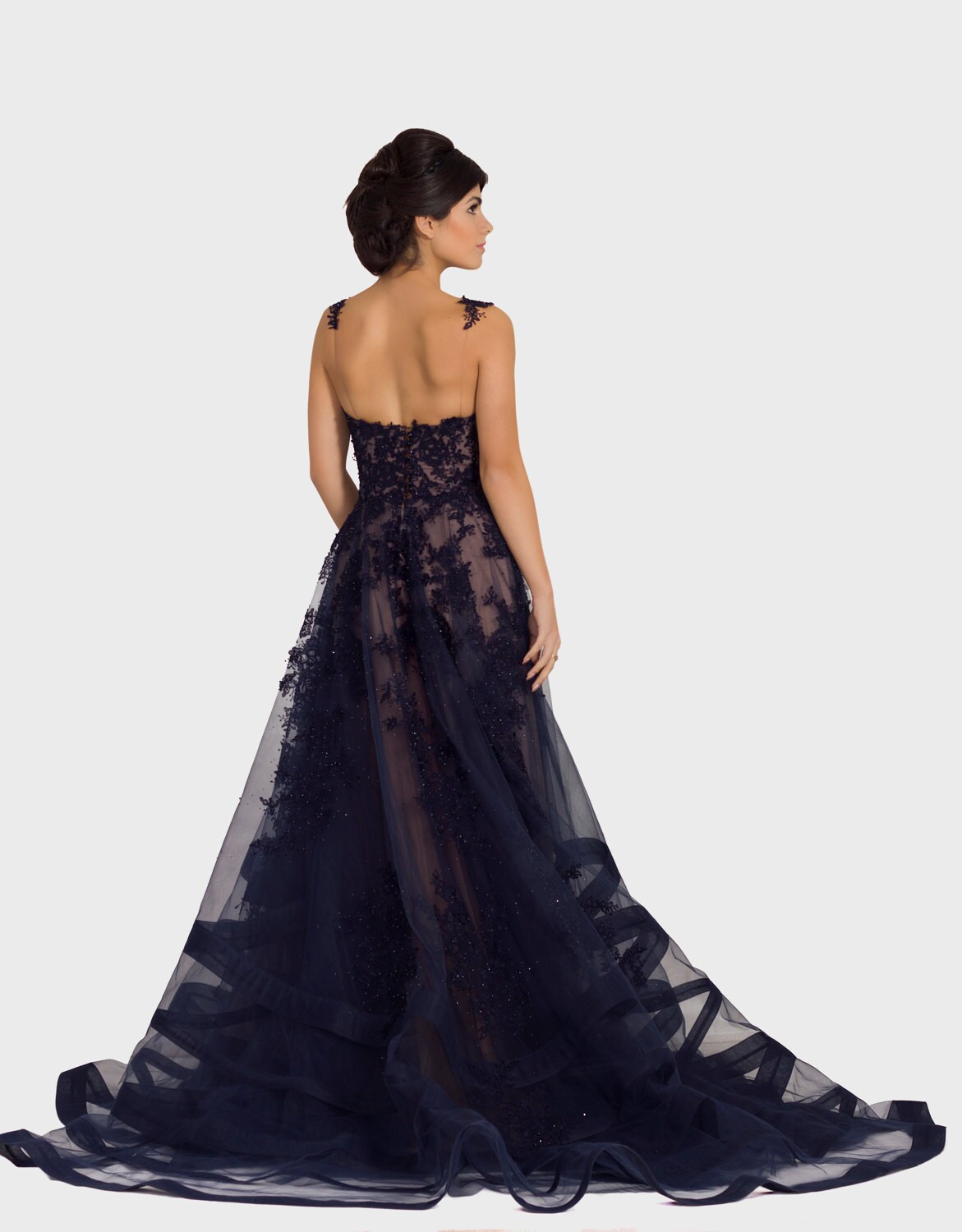 Blue Ball Gown Backless Prom Dress Long 