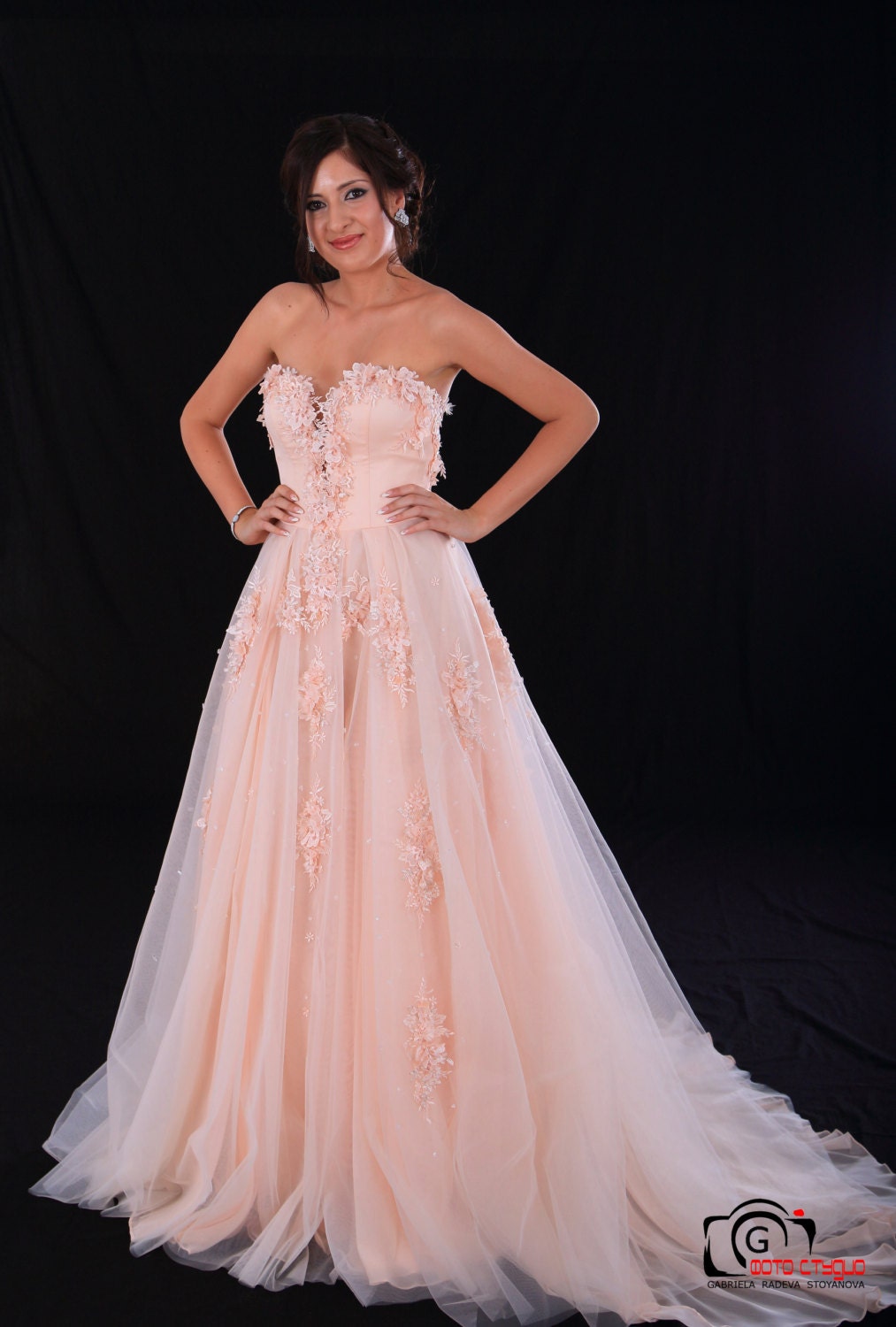 satin bridesmaid dress with sleeves BABARONI V neck Lace Lining And Tulle Dresses Peach, Peach / US0 main image 1